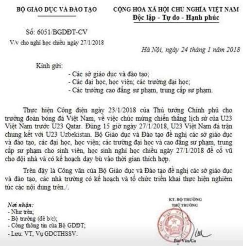 Cong van gia Bo GD dT cho hoc sinh nghi hoc co vu U23 Viet Nam u23 1516838089 708 width500height506